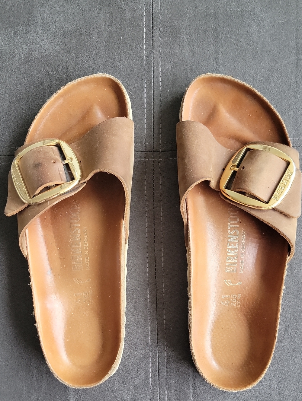 Birkenstock Single Strap Slide Sandals in Brown with Gold Buckles